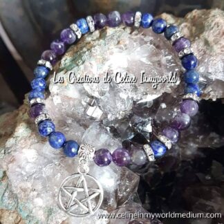 Bracelet en Lapis-Lazulis et Améthyste avec pentacle