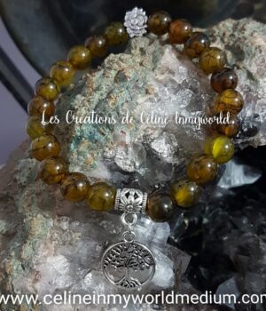 Bracelet en Agate veine de Dragon avec fleur de Lotus et Arbre de vie