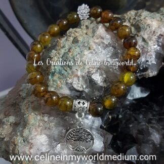 Bracelet en Agate veine de Dragon avec fleur de Lotus et Arbre de vie
