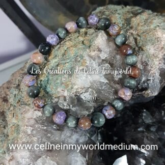 Bracelet en Jaspe calsilica violet et Chrysobéryl oeil de chat