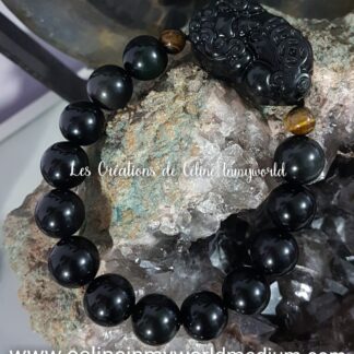 Bracelet Pixiu pour la protection et l'abondance, en Obsidienne arc-en-ciel et oeil-de-tigre