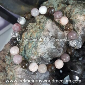 Bracelet anti-stress pour la sérénité intérieure, en Lépidolite, Bronzite et Jaspe brun-beige avec symbole Aum.