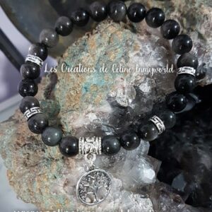 Bracelet de protection et d'ancrage en Obsidienne argentée avec arbre de vie