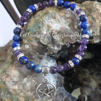 Bracelet seul en Lapis-lazuli et Améthyste avec pentacle de protection