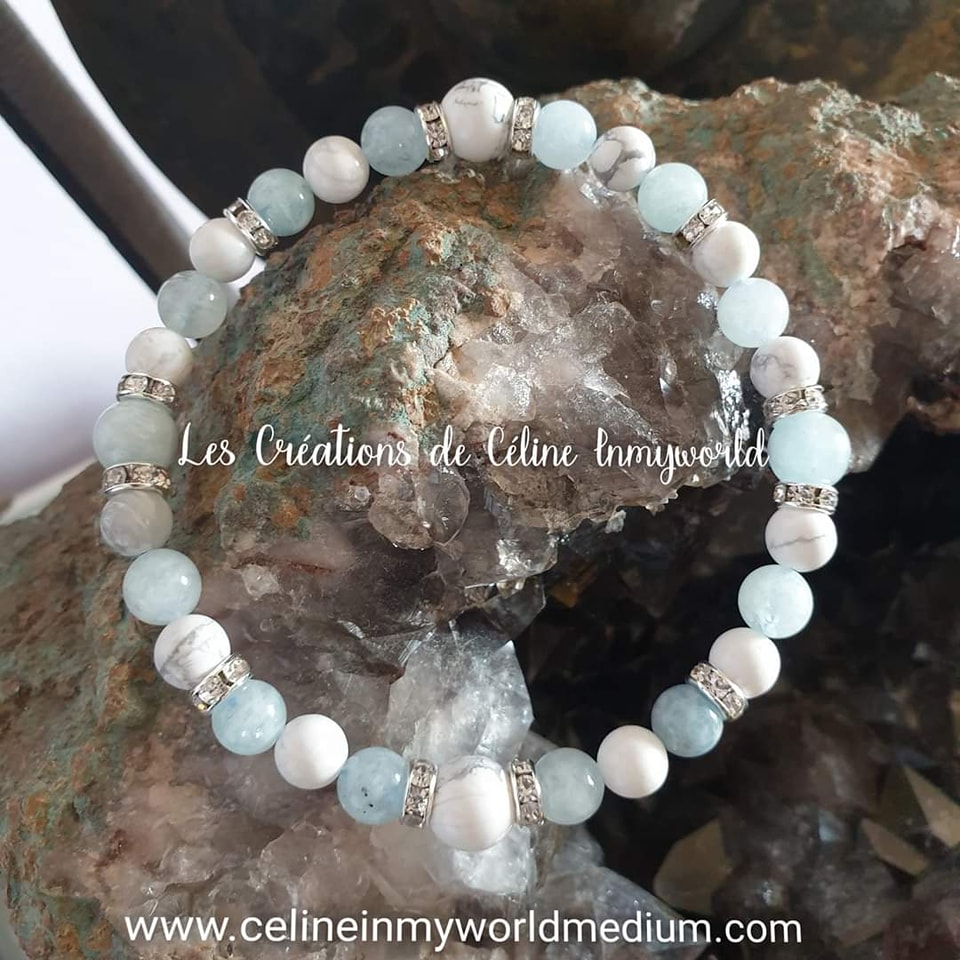 Bracelet pour le calme et la paix intérieure, en Morganite bleue et Magnésite