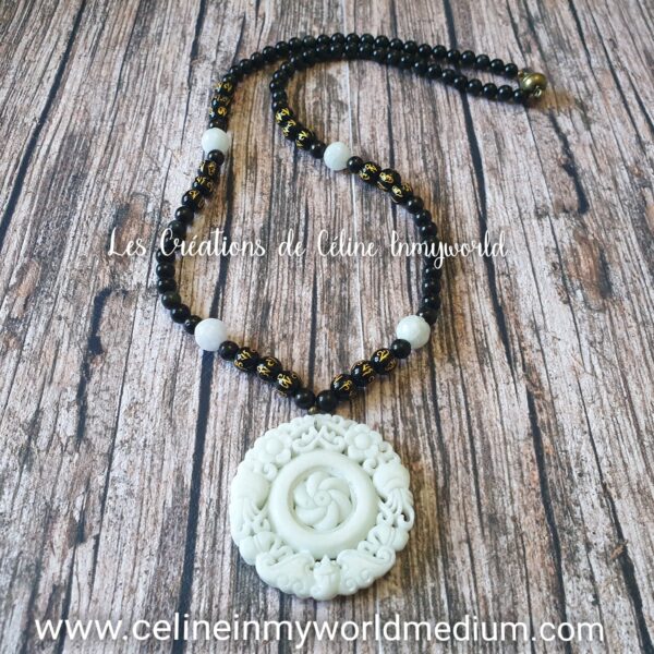 Collier de protection et d'abondance en Jade, Shungite, Obsidienne arc-en-ciel et mantras