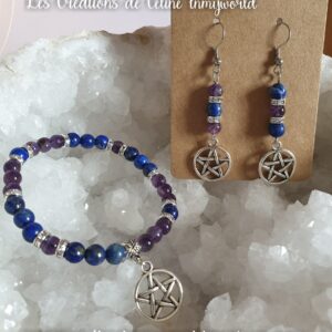 Parure bracelet et boucles d'oreilles en Lapis-lazuli et Améthyste avec pentacle de protection