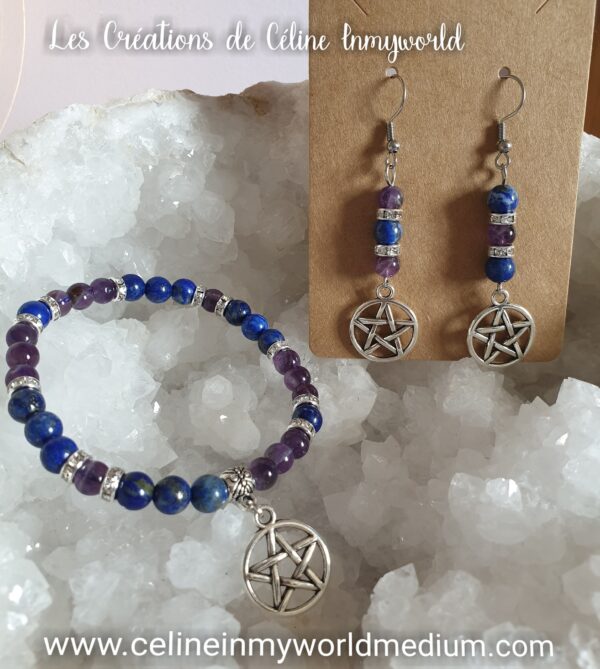 Parure bracelet et boucles d'oreilles en Lapis-lazuli et Améthyste avec pentacle de protection