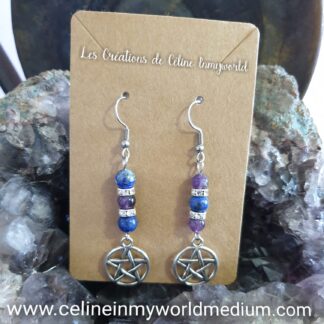 Boucles d'oreilles seules en Lapis-lazuli et Améthyste avec pentacle de protection