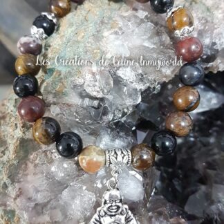 Bracelet seul Chemin de vie (personnalisé) en Œil-de-tigre, Agate noire et blanche et Jaspe rouge avec Bouddha