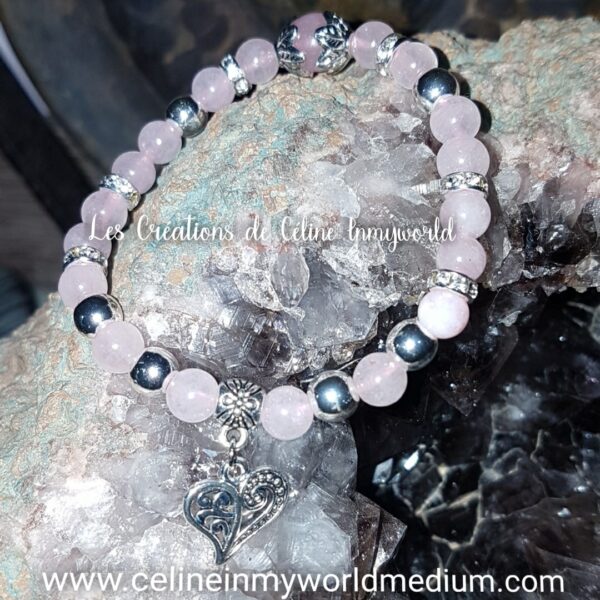 Bracelet Cœur en Quartz rose avec perles d'Hématite plaquée argenté
