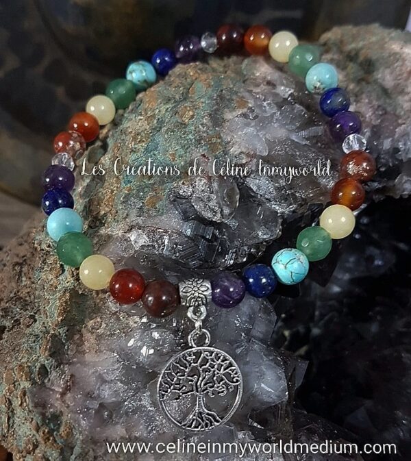 Bracelet des 7 chakras. En Jaspe Rouge, Cornaline, Jade jaune, Jade vert, Turquoise, Lapis-lazuli et Améthyste foncée, avec pendentif Arbre de Vie