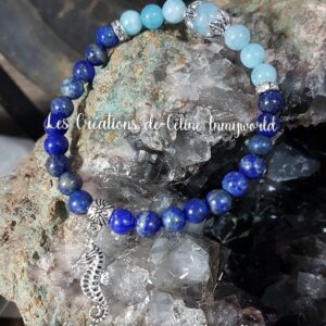 Bracelet en Lapis-lazuli et Aigue-marine avec Hippocampe