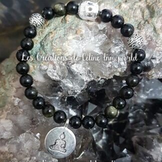 Bracelet en Obsidienne dorée avec perle Bouddha en Hématite plaquée argenté