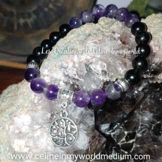 Bracelet en Tourmaline noire et Améthyste avec Arbre de vie
