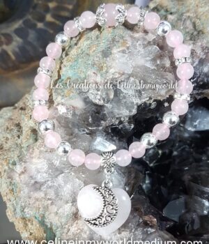Bracelet lune et cœur en Quartz rose avec perles d'Hématite plaquée argenté