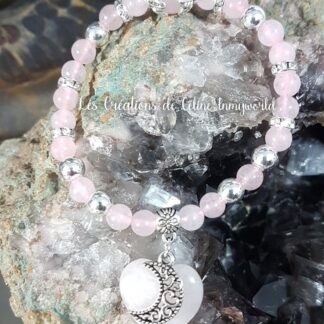 Bracelet lune et cœur en Quartz rose avec perles d'Hématite plaquée argenté