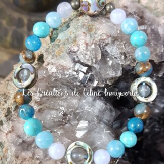 Bracelet personnalisé, chakra de la gorge en Abalone, Labradorite spectrolite, Apatite bleue, Aigue-marine, Turquoise, Anhydrite (Angélite violette) et Pyrite