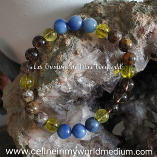 Bracelet pour le calme, la sérénité et se libérer de la colère, en Aventurine bleue, Quartz fumé, Olivine (Péridot) et Vulcanite