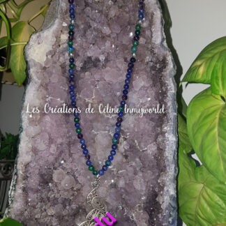 Collier sautoir en Améthyste, Lapis-lazuli, Azurite-malachite et pendentif Paon