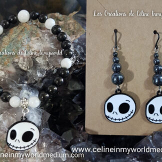 Parure bracelet et boucles d'oreilles Monsieur Jack en Shungite, Pierre de lune et Hématite