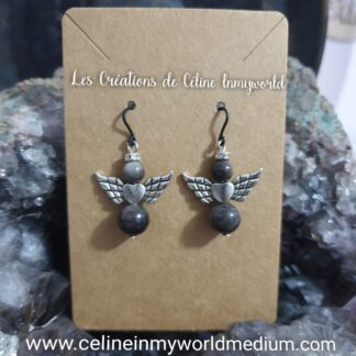 Boucles d'oreilles Angelots de protection en Obsidienne Argentée