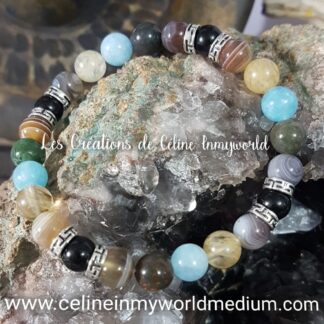 Bracelet Chemin de vie (personnalisé) en Agate à lamelles (Botswana), Agate indienne, Tourmaline noire, Aigue-marine et Citrine