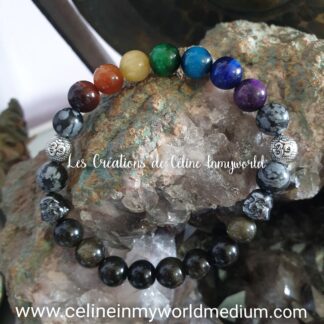 Bracelet de protection 7 chakras en Oeil-de-tigre (teinté), Obsidienne flacons de neige et Obsidienne dorée, avec symbole Aum et Bouddha