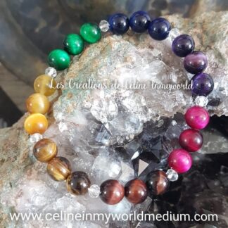 Bracelet des 7 chakras en œil de taureau, œil de tigre et œil de faucon