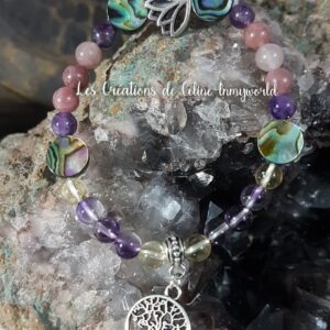 Bracelet en Abalone, Amétrine, Lépidolite et Améthyste avec arbre de vie et fleur de lotus