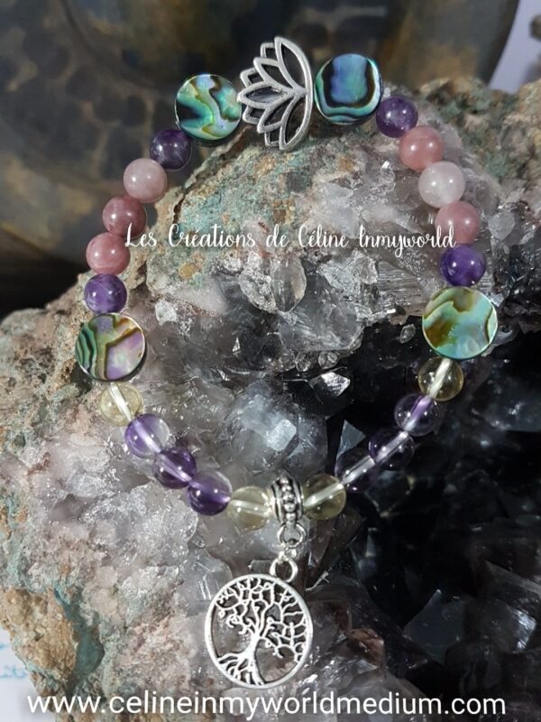 Bracelet en Abalone, Amétrine, Lépidolite et Améthyste avec arbre de vie et fleur de lotus