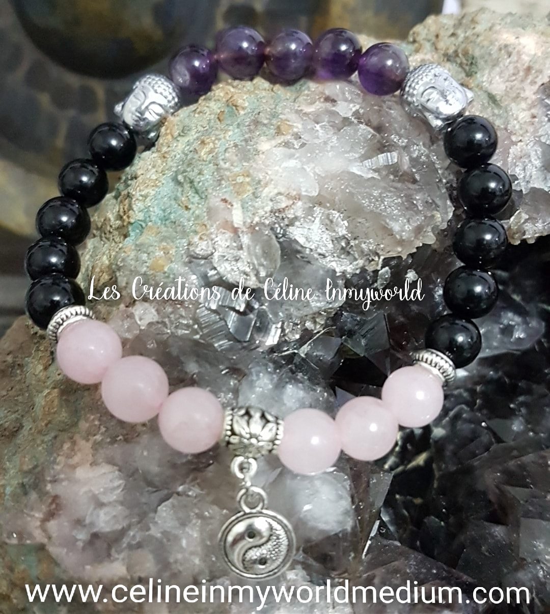 Bracelet en améthyste, tourmaline et quartz rose avec yin&yang et bouddha