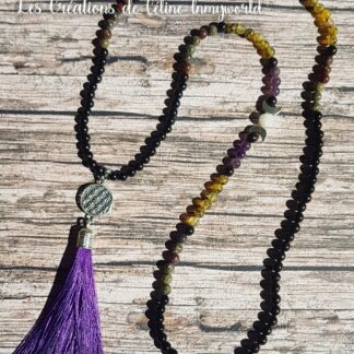 Collier sautoir Wiccan de protection, en Shungite, Améthyste, Pierre de Lune, Agate veines de dragon, et Jaspe volcanique