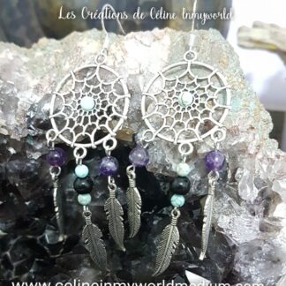Boucles d'oreilles Attrape-rêves en Turquoise, Tourmaline noire et Améthyste.