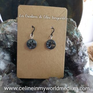 Boucles d'oreilles Arbre de vie en Hématite, sur crochet plastique anti-allergie