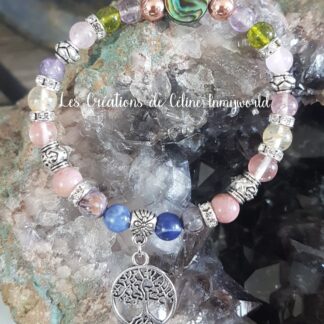 Bracelet Chemin de vie (personnalisé) en Abalone, Hématite plaquée couleur or rose, Améthyste à inclusions de Goëtite, Olivine (Péridot), Quartz rose, Topaze, Citrine, Quartz fraise, Rhodonite rose, Jaspe calsilica violet et Sodalite avec arbre de vie.