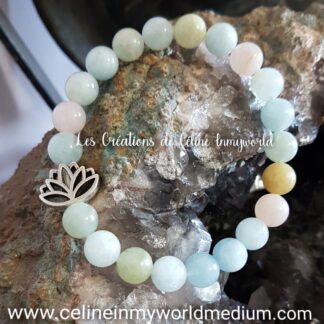 Bracelet pour se défaire du stress et pour l'élévation spirituelle, en Morganite avec fleur de Lotus