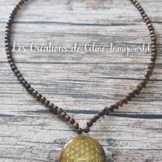 Collier de protection, fleur de vie en Œil de tigre
