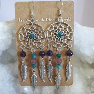 Boucles d'oreilles pour l'éveil spirituel, la motivation et la joie de vivre, en Apatite bleue, Quartz fraise et Améthyste