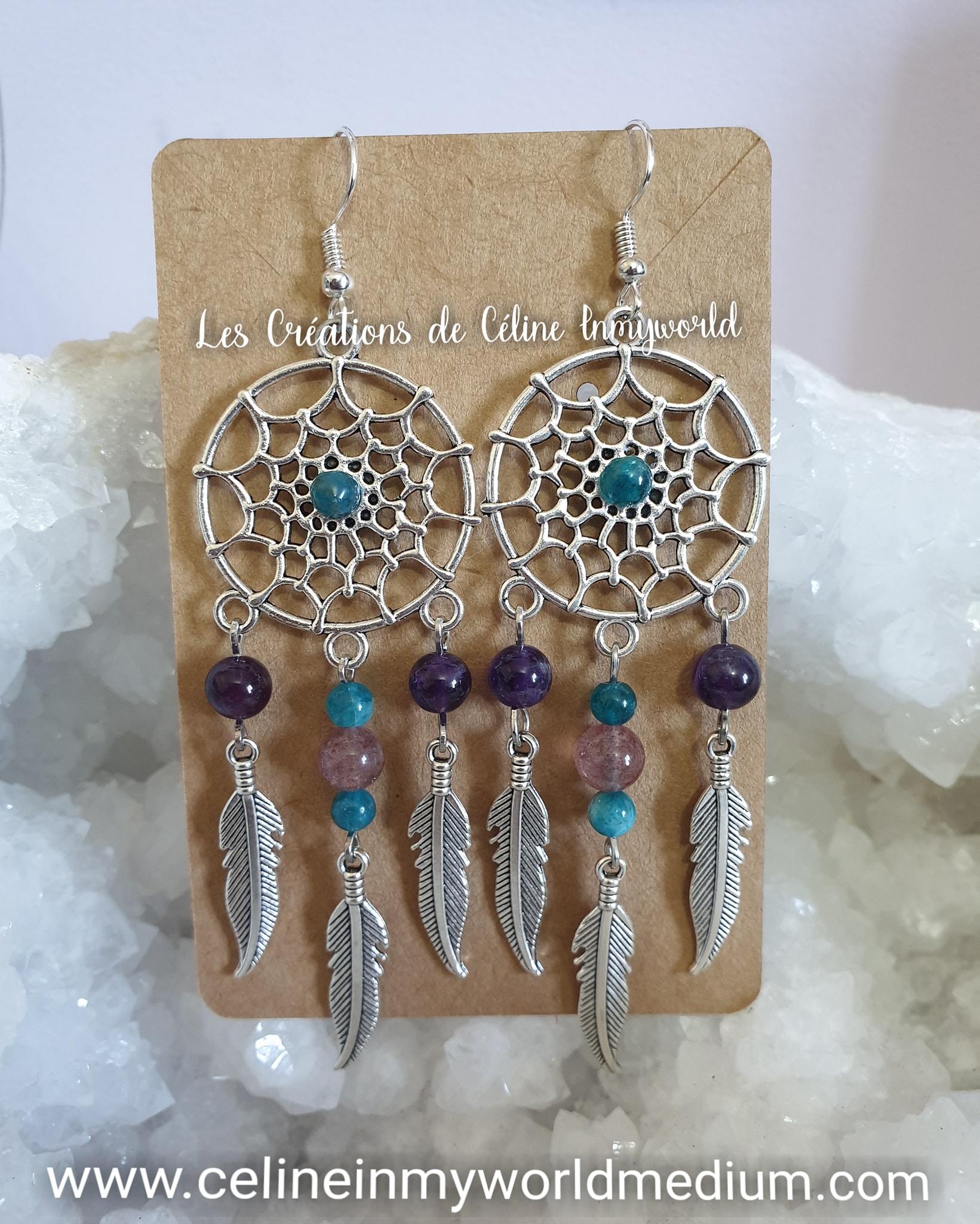 Boucles d'oreilles pour l'éveil spirituel, la motivation et la joie de vivre, en Apatite bleue, Quartz fraise et Améthyste