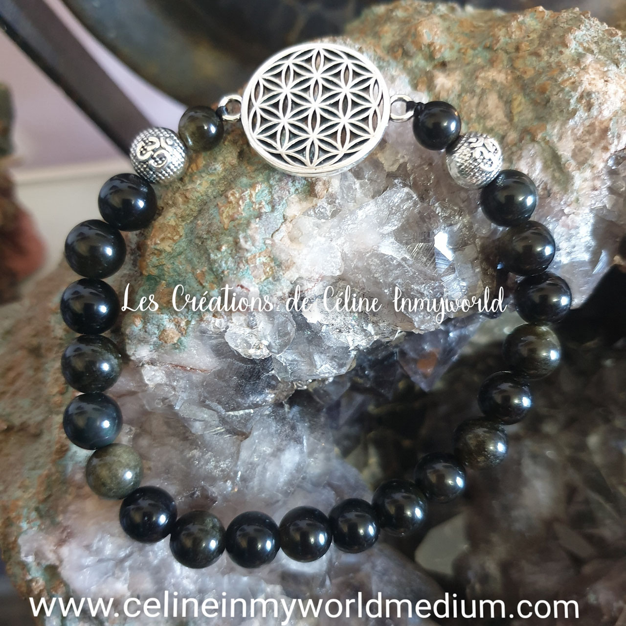 Bracelet de protection, pour la clairvoyance, la guérison et l'ancrage, en Obsidienne oeil céleste et Obsidienne dorée, avec Fleur de vie et symbole Aum