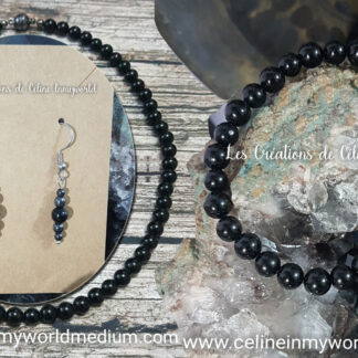 Parure collier, bracelet, boucles d'oreilles en Tourmaline noire pour l'encrage, anti-stress et sérenité