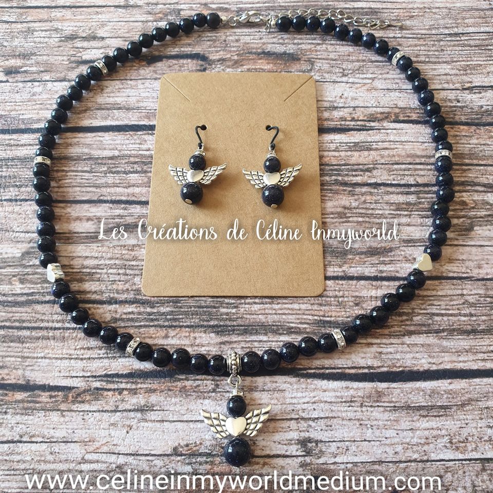 Parure pour la confiance en soi, en Pierre de nuit avec cœurs et Angelot – Image 2