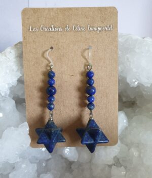 Boucles d'oreilles Merkaba pour l'épanouissement spirituel, en Lapis Lazuli
