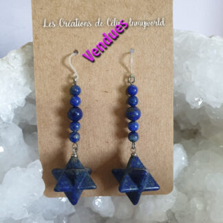 Boucles d'oreilles Merkaba pour l'épanouissement spirituel, en Lapis Lazuli