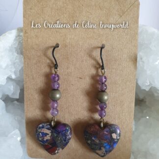 Boucles d'oreilles cœurs en Jaspe sédiments et perles d'Améthyste claire pour la sérénité et la paix