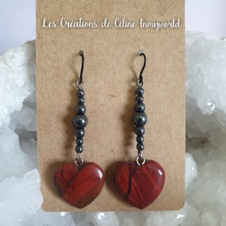Boucles d'oreilles coeurs pour la volonté et le courage, en Jaspe rouge et Hématite