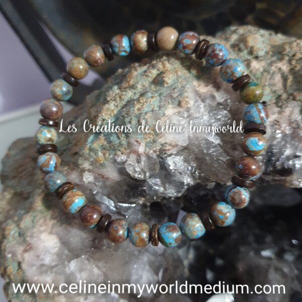 Bracelet pour l'estime de soi, en Jaspe Calsilica bleu et perles de coco