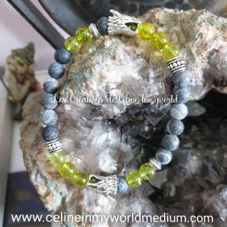 Bracelet pour la sérénité et la colère, avec têtes de dragons, en Olivine et Agate noire et blanche