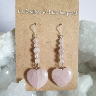 Boucles d'oreilles coeurs pour l'intuition, sur crochets plastique semi-rigide antiallergie, en Quartz rose